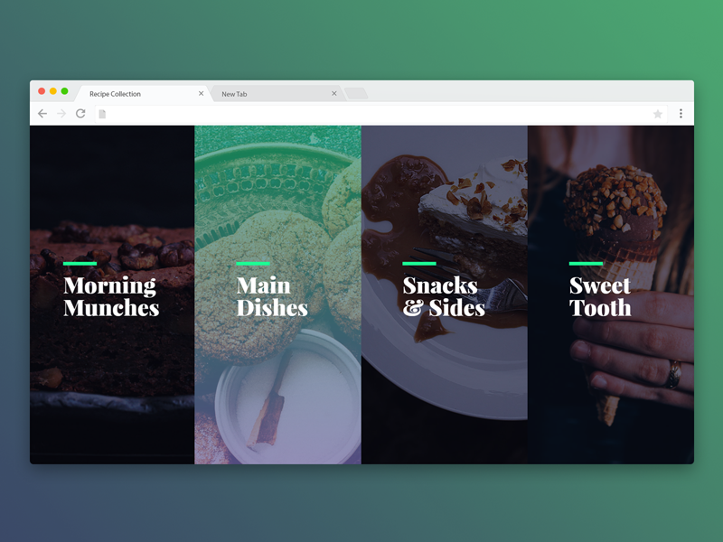 A navigation concept I designed and prototyped for a recipe collection site. The gradient effect on the second link shows the hover/focus state which transitions upwards when activated.