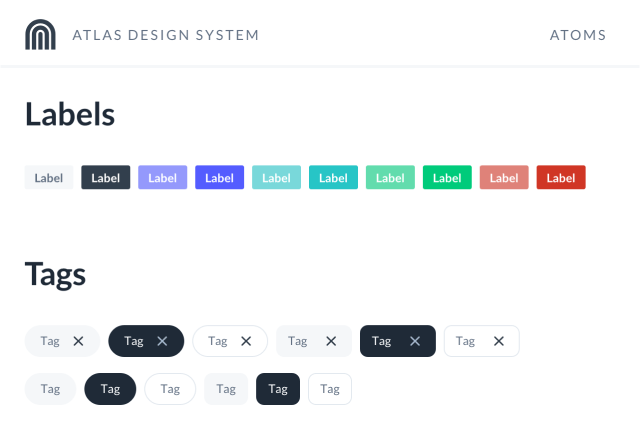 Lists of variants for labels and tas. Label variants include a rainbow of color options, while tag variants include light, dark, and outline options, rounded or pill shapes, large or small sizes, and with or without an icon.