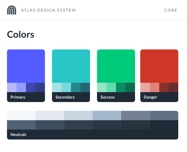 Color chips for blue primary colors, teal secondary colors, green success colors, red danger colors, and a larger set of neutral grey colors.