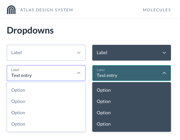 Dropdown components displayed in both expanded and collapsed states, with variants for light and dark modes.