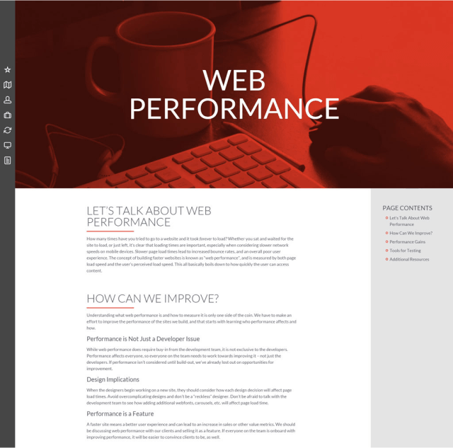 Screenshot of a blog post on web performance, which features a large image with a red overlay and the article content.