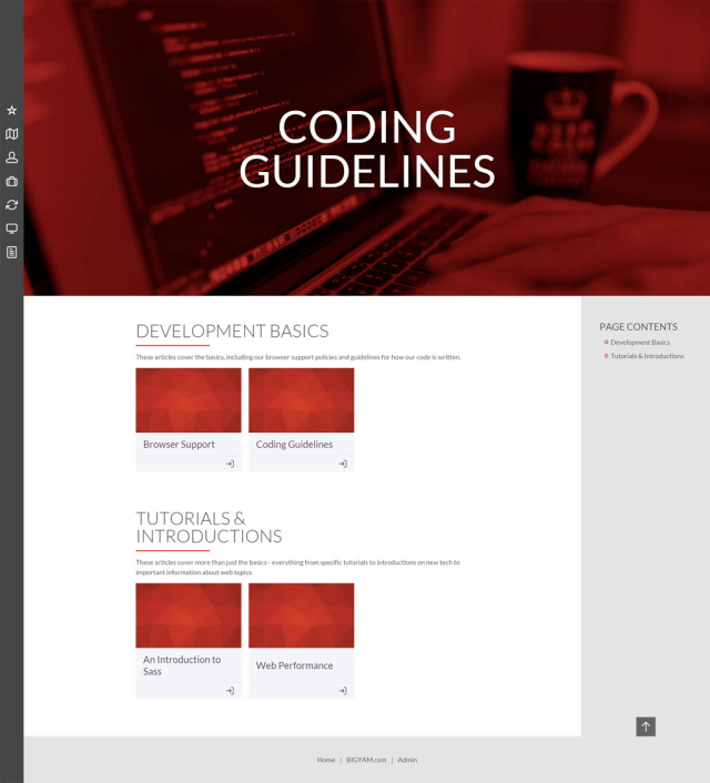 Screenshot of a page for coding guidelines, which features a large image with a red overlay and groups of cards for the different resource links.