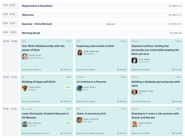 Partial view of the event schedule, which features a row for each timeframe and four columns: one for listing the timeframes and the other three for each of the three tracks. Each talk highlights the title, speaker, topic, level, and which room it is in. Some rows span all three tracks for special events such as the keynote and welcome reception.