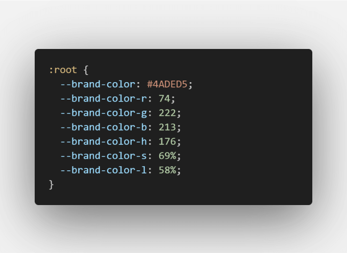 CSS snippet of the :root selector with CSS variables defined for a brand color and its individual RGB and HSL values.