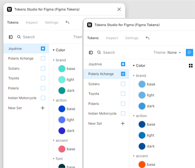 Two instances of the Tokens Studio for Figma plugin with different color tokens between them. The instance on the left has the Joydrive theme selected and has tokens for Joydrive's colors, while the instance on the right has the Polaris Xchange theme selected and has tokens for Polaris Xchange's colors.