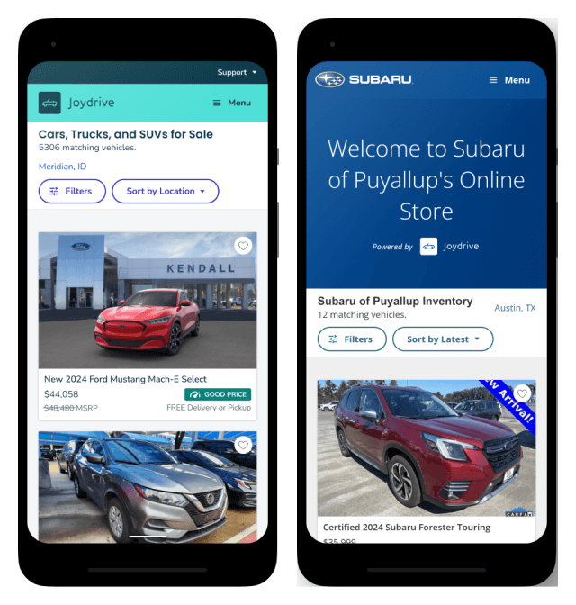 Two mobile devices shown side-by-side to compare the differences between different themes. The device on the left shows the marketplace for Joydrive, which uses teal as its brand color. The device on the right shows the marketplace for a Subaru dealership's online store, which uses Subaru's blue brand color and features a banner with the dealership's name.