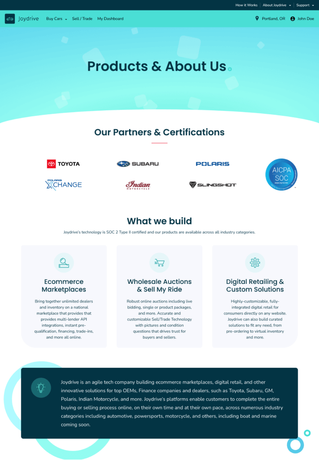 Screenshot of the about page on joydrive.com. The page includes a list of partners and certifications, descriptions about what the company does, and a list of what type of technology solutions they build.