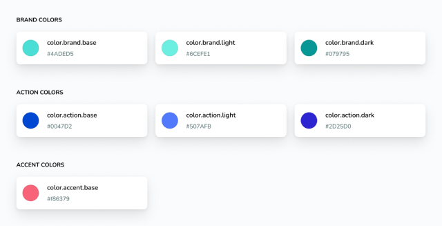 List of design tokens for brand, action, and accent colors, with each color represented by a name, color swatch, and Hex code. The brand and action colors include base, light, and dark versions, while the accent color only includes a base color.