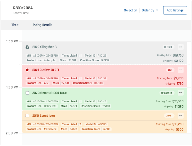 Example of a running auction with multiple listings for powersports vehicles filling time slots in 15 minute increments. Each listing is shown in a different state between closed, live, upcoming, and draft, and contains details about the vehicle, starting price, and shipping costs.