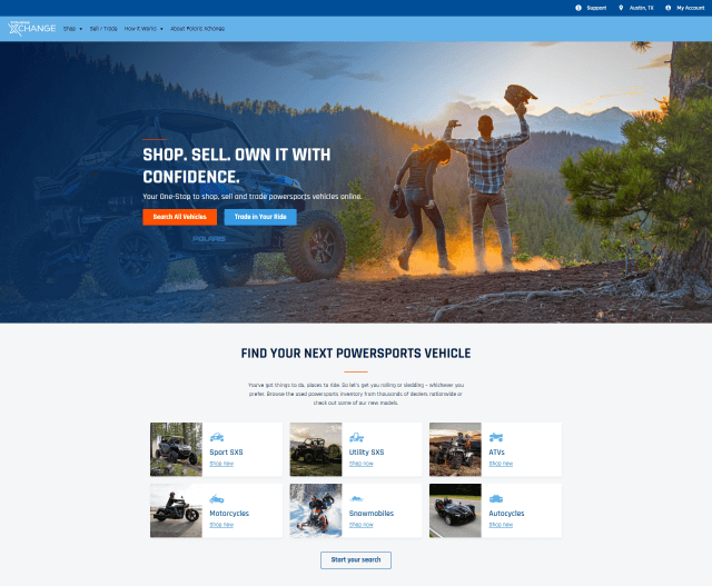 Screenshot of the homepage for polarisxchange.com. The page includes a large image of two people next to an offroad vehicle, an overview of what the company does and what types of powersports vehicles are available, and calls-to-action for searching or trading in your ride.