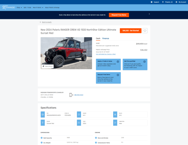 Screenshot of a powersports vehicle detail page on polarisxchange.com. The page includes details about the vehicle, a featured image, pricing information, and multiple calls-to-action enticing customers to purchase or try a demo ride.