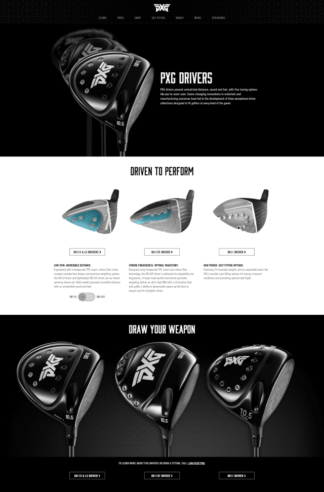 Screenshot of the drivers landing page for pxg.com. The page features large instances of product photography showcasing the different drivers available, along with a section about the technology inside the clubs.