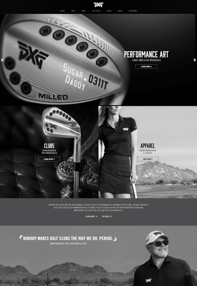 Screenshot of the homepage for pxg.com. The page features large sections showcasing product photography and calls-to-action for milled wedges, clubs, and apparel. There are also sections describing what the company does and a quote from the founder.