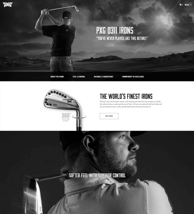 Screenshot of an irons page for pxg.com. The page includes product photography, details about the club, and an interactive element where users can rotate the club to see it from all angles.