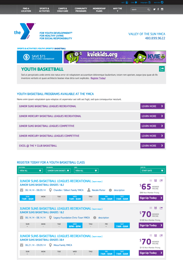 Screenshot of an activity registration page for valleyofthesunymca.com. The page features a brief description about the activity, a list of programs available, and class availability with calls-to-action to sign up.