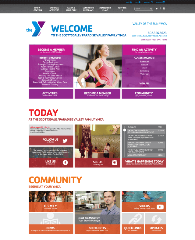 Screenshot of an individual branch page for valleyofthesunymca.com. The page features calls-to-action to become a YMCA member, contact details and hours for the branch, lists of activities and classes happening at the branch, and social and community information.