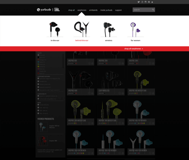 Screenshot of the catalog page for yurbuds.com with the mega menu expanded. The mega menu has large product photography for four different categories of earphones. The page behind has a grid of available products, but is obscured by an overlay to bring attention to the mega menu.