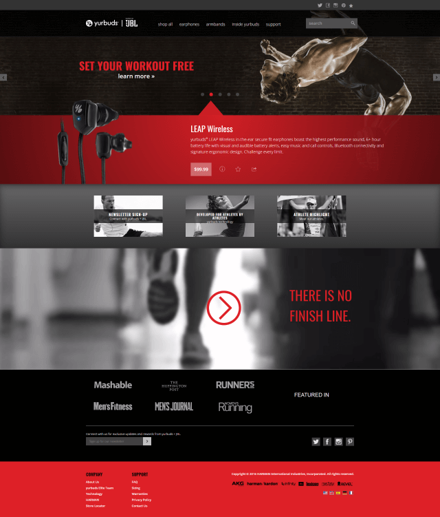 Screenshot of the homepage for yurbuds.com. The page features a large image carousel highlighting various products, multiple calls-to-action, an embedded video, and news outlets the company has been featured in.