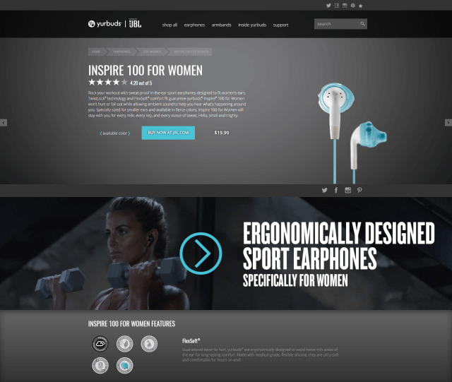 Screenshot of a product detail page for yurbuds.com. The page features an image carousel, details about the earphones, an add-to-cart button, embedded video, and list of features.